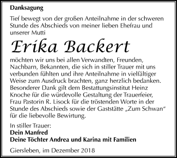 Traueranzeige von Erika Backert von Mitteldeutsche Zeitung Aschersleben