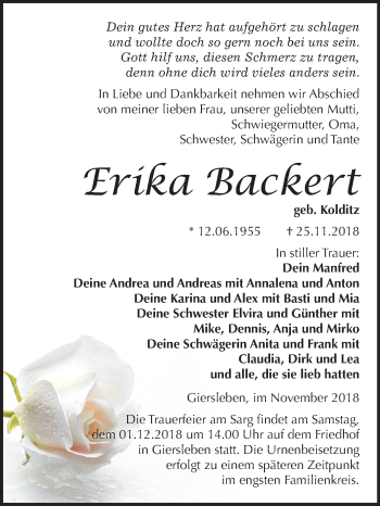 Traueranzeige von Erika Backert von Mitteldeutsche Zeitung Aschersleben