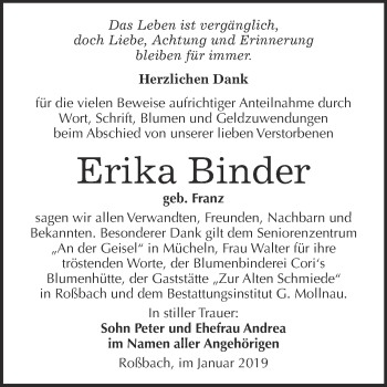 Traueranzeige von Erika Binder von WVG - Wochenspiegel Merseburg