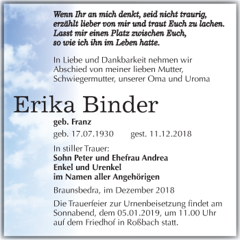 Traueranzeige von Erika Binder von Mitteldeutsche Zeitung Merseburg/Querfurt