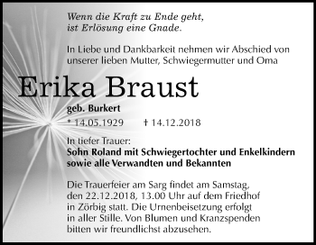 Traueranzeige von Erika Braust von Mitteldeutsche Zeitung Bitterfeld