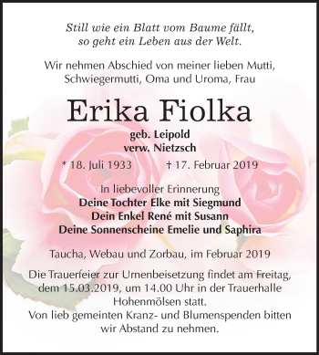 Traueranzeige von Erika Fiolka von Mitteldeutsche Zeitung Weißenfels