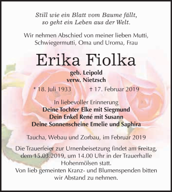 Traueranzeige von Erika Fiolka von WVG - Wochenspiegel NMB / WSF / ZTZ