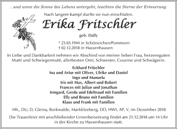 Traueranzeige von Erika Fritschler von WVG - Wochenspiegel NMB / WSF / ZTZ