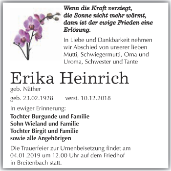 Traueranzeige von Erika Heinrich von WVG - Wochenspiegel NMB / WSF / ZTZ