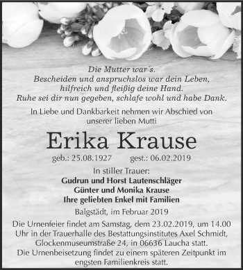 Traueranzeige von Erika Krause von WVG - Wochenspiegel NMB / WSF / ZTZ