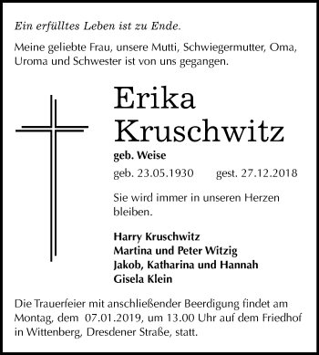 Traueranzeige von Erika Kruschwitz von Mitteldeutsche Zeitung Wittenberg