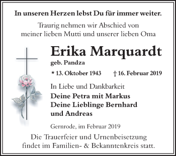 Traueranzeige von Erika Marquardt von Mitteldeutsche Zeitung Quedlinburg