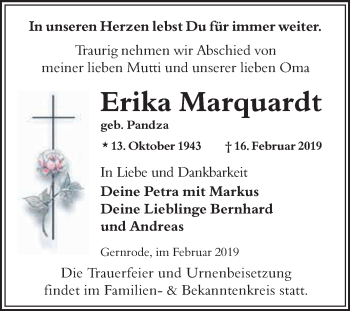 Traueranzeige von Erika Marquardt von WVG - Wochenspiegel Quedlinburg