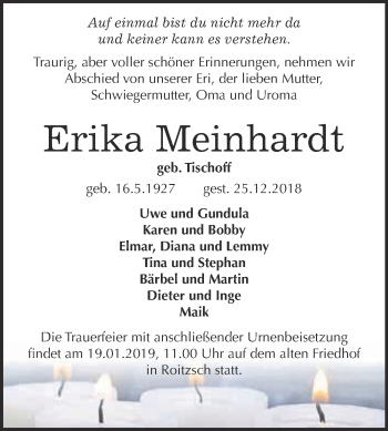 Traueranzeige von Erika Meinhardt von WVG - Wochenspiegel Bitterfeld