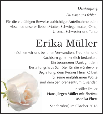 Traueranzeige von Erika Müller von WVG - Wochenspiegel Bitterfeld