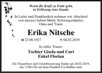 Traueranzeige von Erika Nitsche von WVG - Wochenspiegel Dessau / Köthen