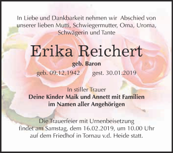Traueranzeige von Erika Reichert von WVG - Wochenspiegel Bitterfeld