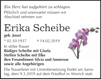 Traueranzeige von Erika Scheibe von WVG - Wochenspiegel NMB / WSF / ZTZ