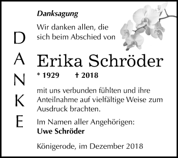 Traueranzeige von Erika Schröder von Mitteldeutsche Zeitung Quedlinburg