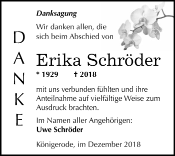 Traueranzeige von Erika Schröder von WVG - Wochenspiegel Quedlinburg