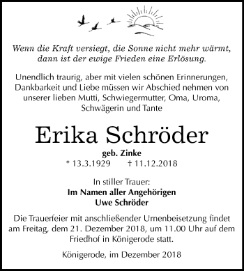 Traueranzeige von Erika Schröder von Mitteldeutsche Zeitung Quedlinburg