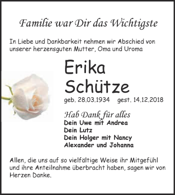 Traueranzeige von Erika Schütze von Super Sonntag Wittenberg