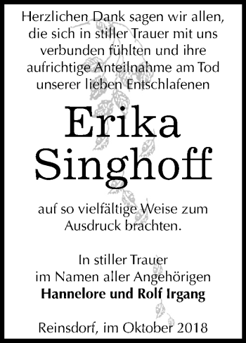 Traueranzeige von Erika Singhoff von Mitteldeutsche Zeitung Wittenberg