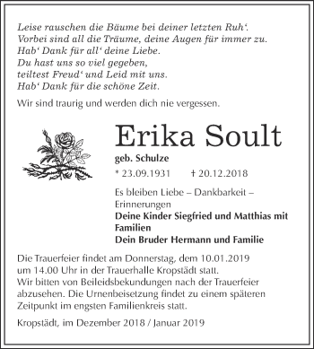 Traueranzeige von Erika Soult von Super Sonntag Wittenberg