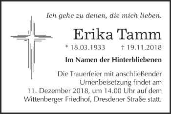 Traueranzeige von Erika Tamm von WVG - Wochenspiegel Wittenberg