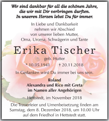 Traueranzeige von Erika Tischer von Mitteldeutsche Zeitung Aschersleben