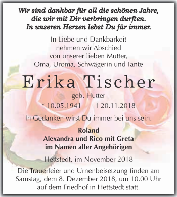 Traueranzeige von Erika Tischer von Super Sonntag SGH Mansf. Land