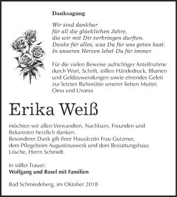 Traueranzeige von Erika Weiß von WVG - Wochenspiegel Wittenberg