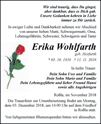 Traueranzeige von Erika Wohlfarth von Super Sonntag SGH Mansf. Land