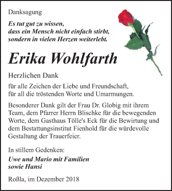 Traueranzeige von Erika Wohlfarth von Mitteldeutsche Zeitung Sangerhausen