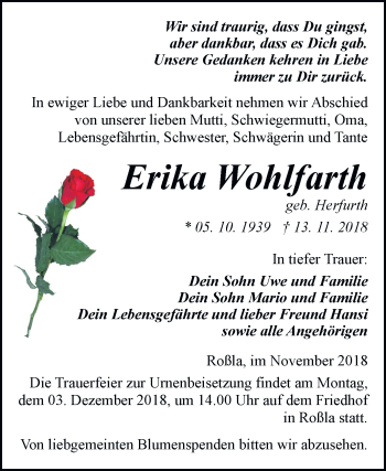 Traueranzeige von Erika Wohlfarth von Mitteldeutsche Zeitung Sangerhausen