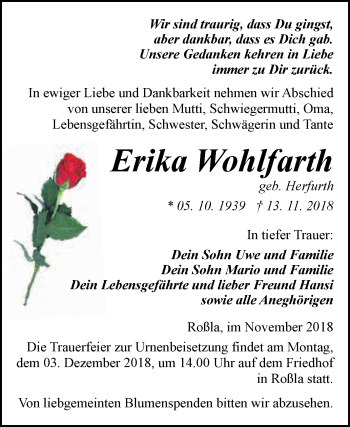 Traueranzeige von Erika Wohlfarth von Super Sonntag SGH Mansf. Land