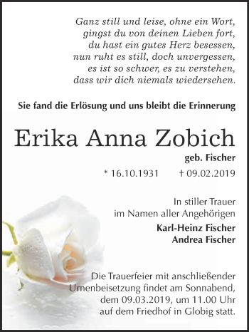 Traueranzeige von Erika Anna Zobich von WVG - Wochenspiegel Wittenberg
