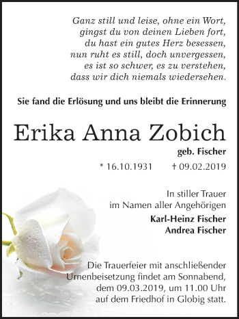 Traueranzeige von Erika Anna Zobich von Mitteldeutsche Zeitung