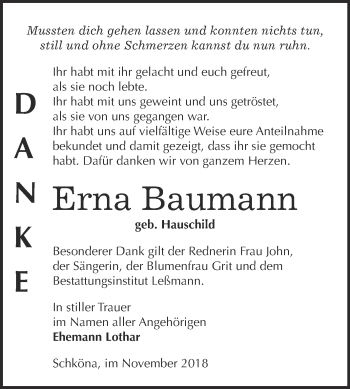 Traueranzeige von Erna Baumann von WVG - Wochenspiegel Wittenberg