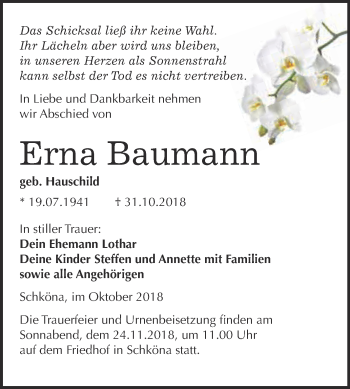 Traueranzeige von Erna Baumann von WVG - Wochenspiegel Wittenberg