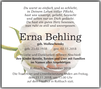 Traueranzeige von Erna Behling von Mitteldeutsche Zeitung Merseburg/Querfurt