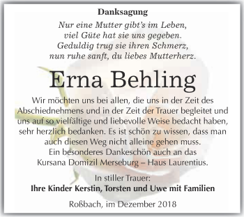 Traueranzeige von Erna Behling von WVG - Wochenspiegel Merseburg