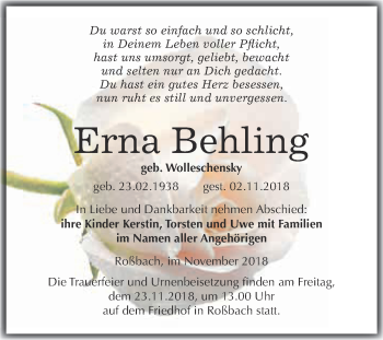 Traueranzeige von Erna Behling von WVG - Wochenspiegel Merseburg