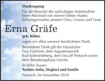 Traueranzeige von Erna Gräfe von WVG - Wochenspiegel Wittenberg