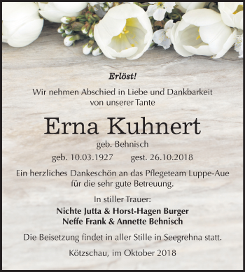 Traueranzeige von Erna Kuhnert von Mitteldeutsche Zeitung Merseburg/Querfurt
