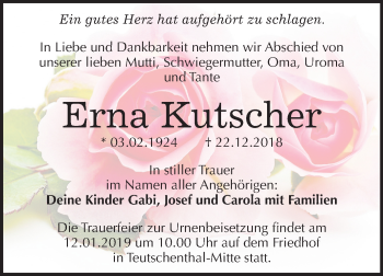Traueranzeige von Erna Kutscher von Mitteldeutsche Zeitung Halle/Saalkreis
