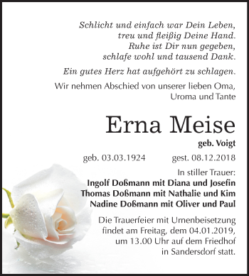 Traueranzeige von Erna Meise von Mitteldeutsche Zeitung Bitterfeld