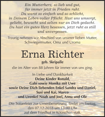 Traueranzeige von Erna Richter von WVG - Wochenspiegel Merseburg