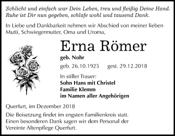 Traueranzeige von Erna Römer von WVG - Wochenspiegel Merseburg
