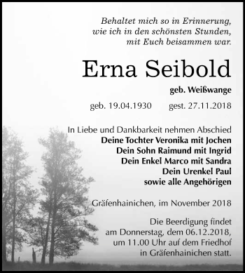 Traueranzeige von Erna Seibold von WVG - Wochenspiegel Wittenberg