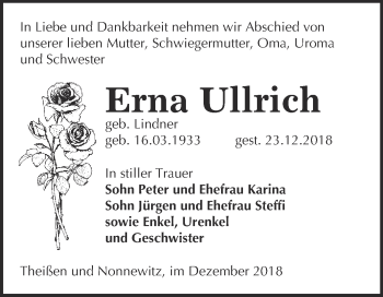 Traueranzeige von Erna Ullrich von Super Sonntag Zeitz