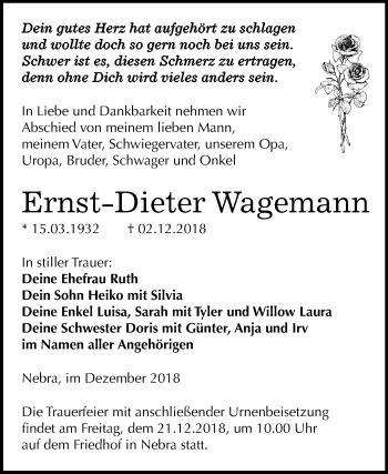 Traueranzeige von Ernst-Dieter Wagemann von Mitteldeutsche Zeitung Naumburg/Nebra