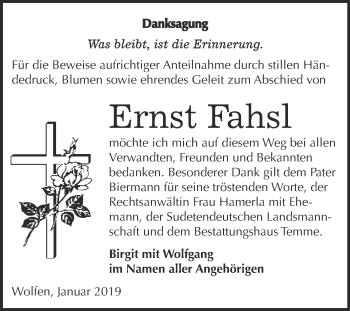 Traueranzeige von Ernst Fahsl von WVG - Wochenspiegel Bitterfeld