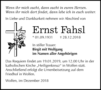 Traueranzeige von Ernst Fahsl von Mitteldeutsche Zeitung Bitterfeld